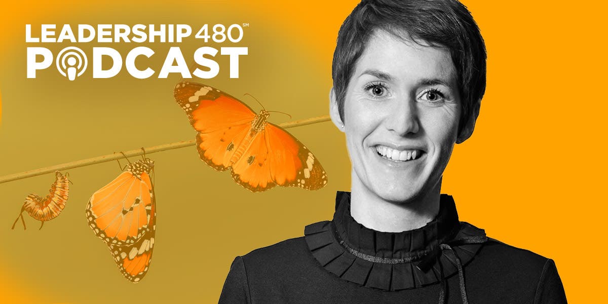 image of Verity Creedy, DDI leadership expert, with butterflies in the background, a metaphor for how leaders can drive change effectively, as this is the topic of this leadership 480 podcast episode 