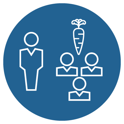 person icon to the left with three person icons to the right, above them is a carrot to show the first of the ways to motivate employees is to assess your team's motivation levels