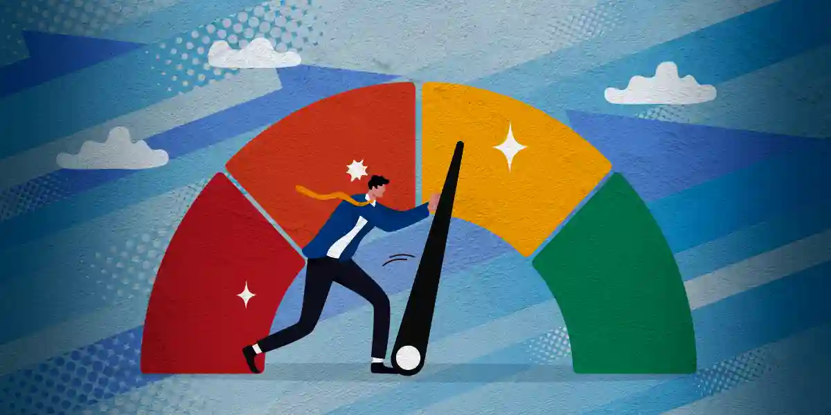 Illustration einer Person in Anzug und Krawatte, die eine Nadel auf einer Leistungsanzeige von Rot nach Grün drückt und Fortschritt und Wachstum durch strategisches Lernen und Entwicklung symbolisiert