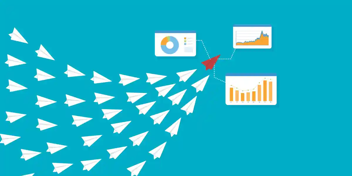 illustration of several paper airplanes, all white in color but one, which is red. The red one is leading all the other paper airplanes toward three graphs with data, a metaphor for what makes a successful CEO performance review