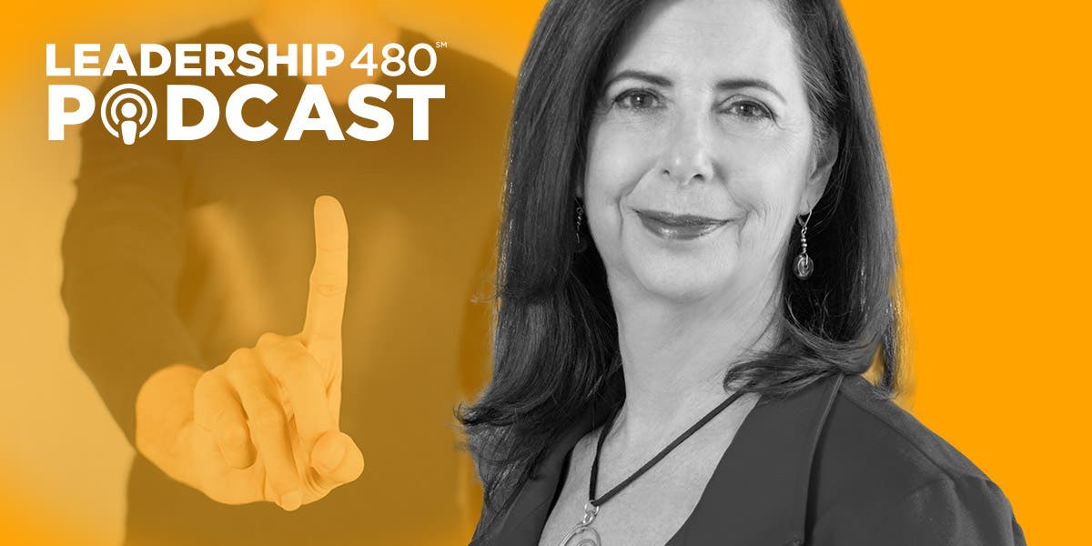 a finger being held up as if someone is saying no in the background with a large headshot of professor of organizational behavior, Laurie Weingart, the guest on this episode of DDI's Leadership 480 podcast on saying no at work and why it's so important for leaders