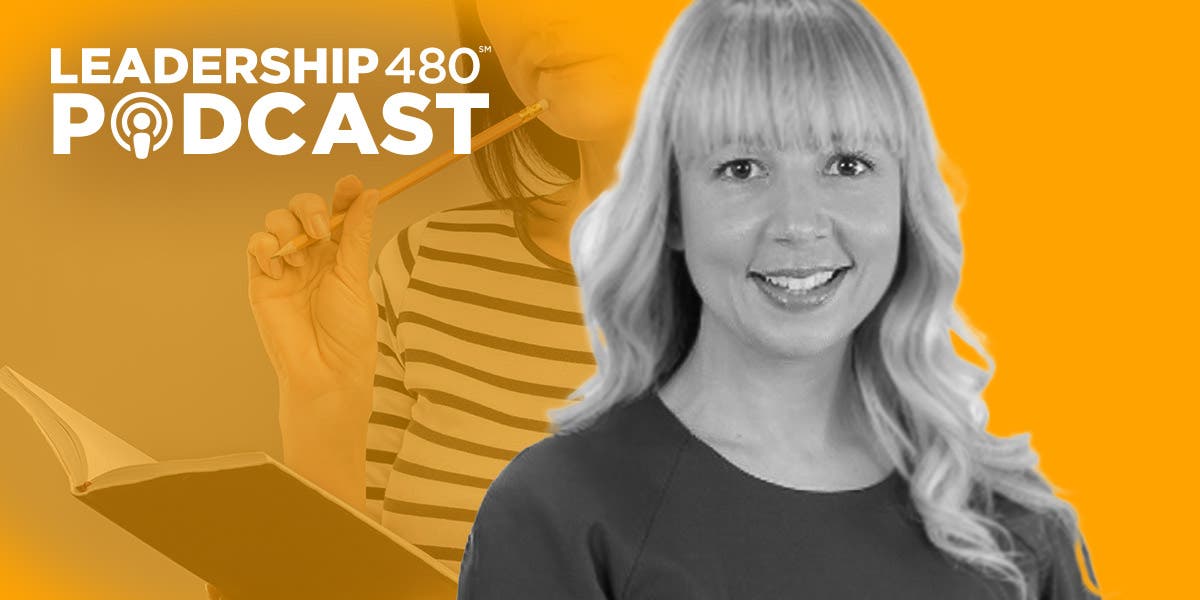 image of Meagan Aaron, DDI leadership expert, with a woman in the background, pencil/pencil eraser propped up on her chin, looking at a notepad, pondering how leaders can use personality tests as this is the topic of this leadership 480 podcast episode 