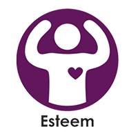 icon of a person flexing their muscles with a heart icon in the middle of their chest to showcase the maintain or enhance self-esteem key principle, the first of the key principles in a crisis