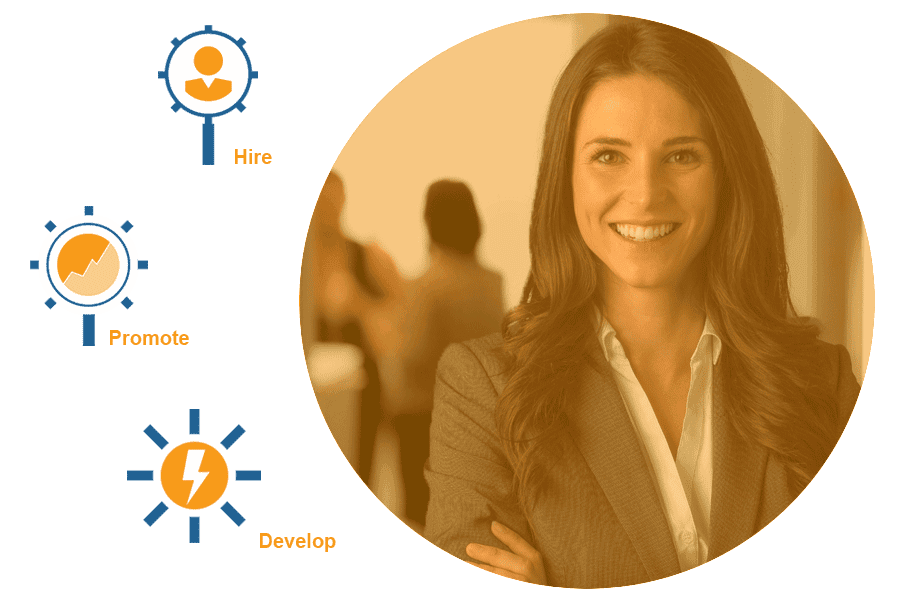 image of a confident woman leader to the right with DDI's capabilities written out to the left - we help you hire, promote, and develop leaders?auto=format&q=75