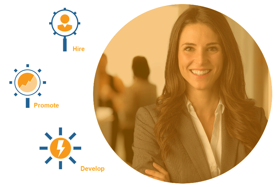image of a confident woman leader to the right with DDI's capabilities written out to the left - we help you hire, promote, and develop leaders?fm=webp&q=75