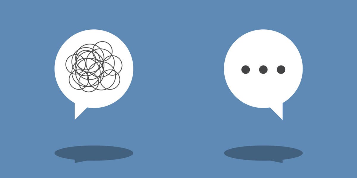 illustration of two giant conversation bubbles: the one to the right has three dots to show a positive way to give feedback and the one to the left has a bunch of squiggles to show feedback gone wrong, as this blog is about why feedback fails in the workplace