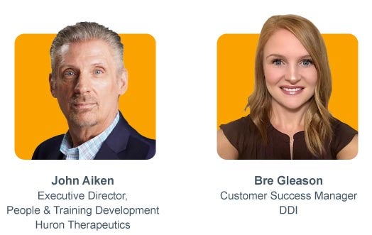 Photos of John Aiken, Executive Director at Huron Therapeutics, and Bre Gleason, Customer Success Manager at DDI, shown with names and titles.