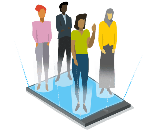 An image of four diverse individuals standing on a tablet to show how DDI's team supports a leadership development subscription?auto=format&q=75