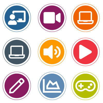 Nine circle icons, stacked on top of each other in three rows, three icons per row, with different icons showing the different learning modalities offered by DDI, for example a person in front of a screen showing DDI's virtual classroom offering?auto=format&q=75