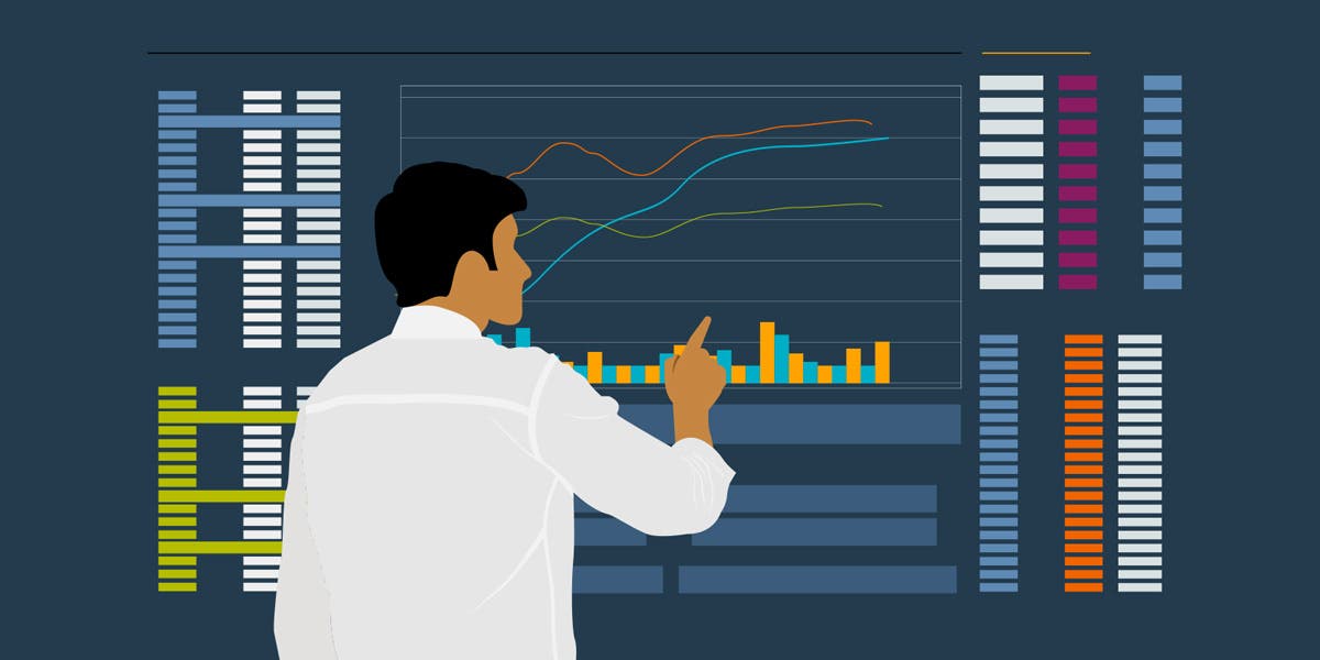 illustration of a man business leader facing and pointing at a giant dashboard of data (bar graphs and line graphs) to show this blog is about how data changes executive coaching 