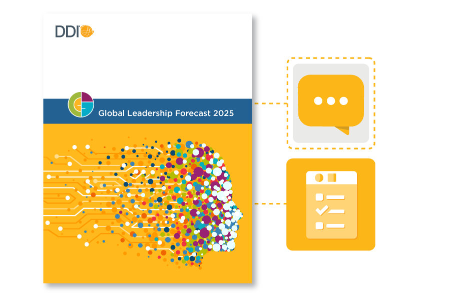 the cover of the Global Leadership Forecast 2025 report, with a person's face outlined in circles of varying sizes and lines connecting the circles to show this report captures leader trends and leadership development best practices?auto=format&q=75