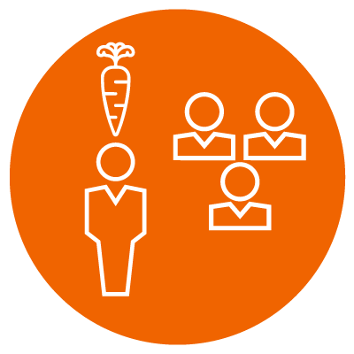 person icon to the left with three person icons to the right, above the single person icon is a carrot to show number two of the ways to motivate employees is to assess your own motivation level as a leader