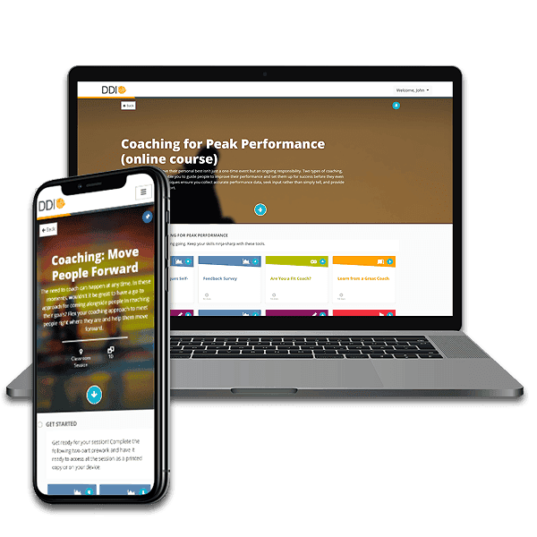 Picture of mobile device and laptop that show DDI's course on coaching from multiple types of devices?auto=format&q=75