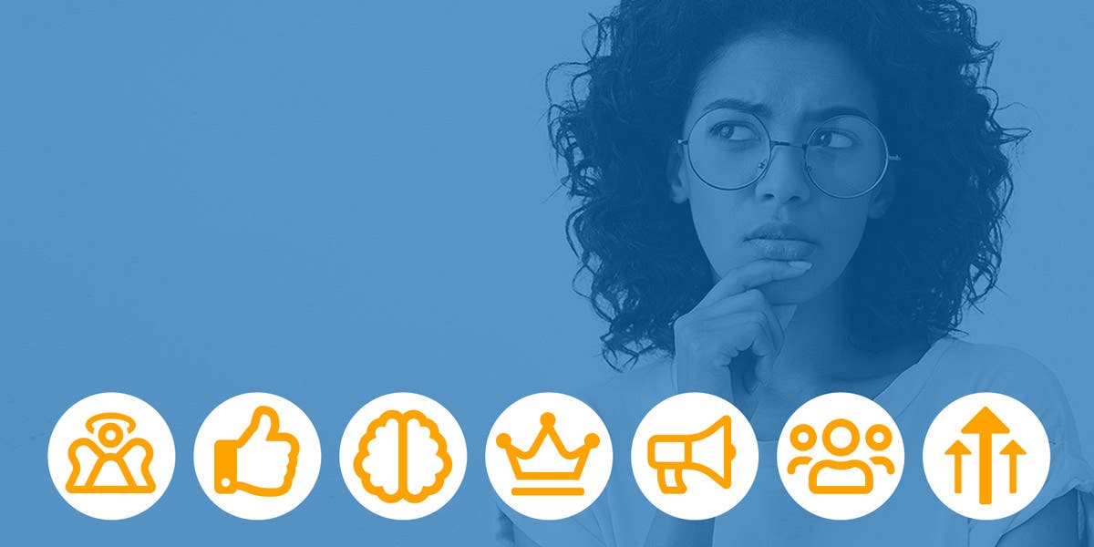 Woman in blue image behind seven icons of Types of unconscious bias