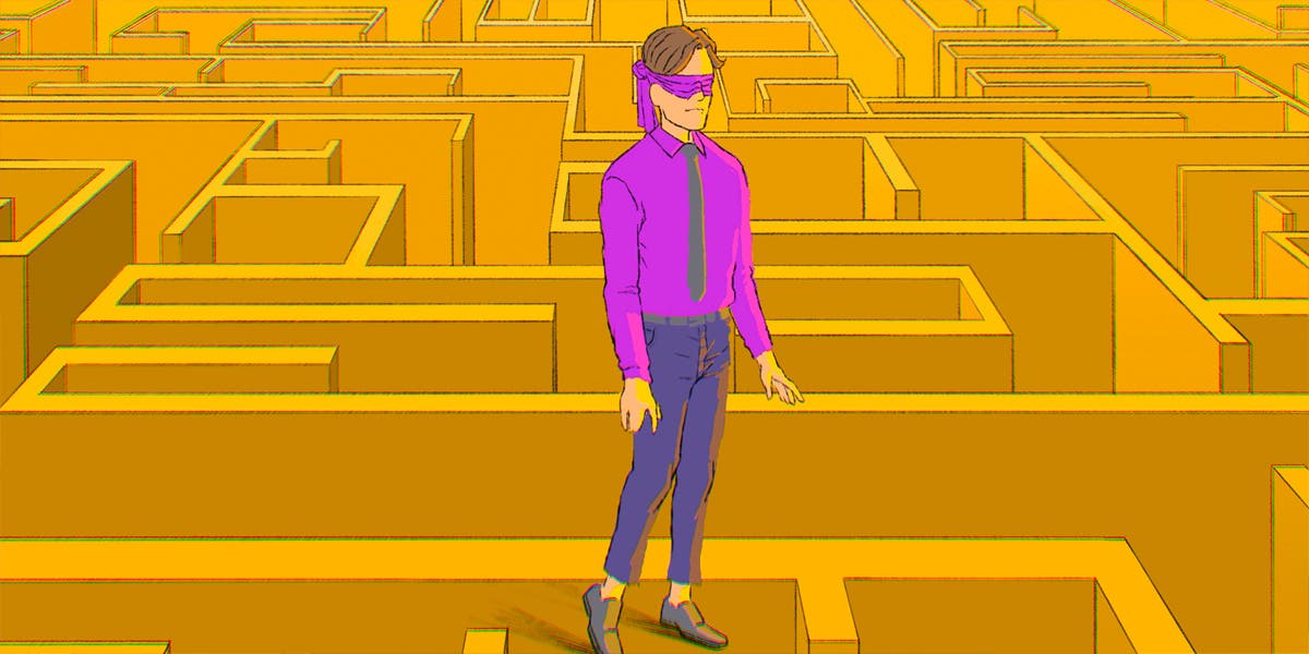 graphic of a man business leader blindfolded and walking (stuck) in a maze to show this blog outlines the five CEO blind spots around talent and what CHROs can do about them