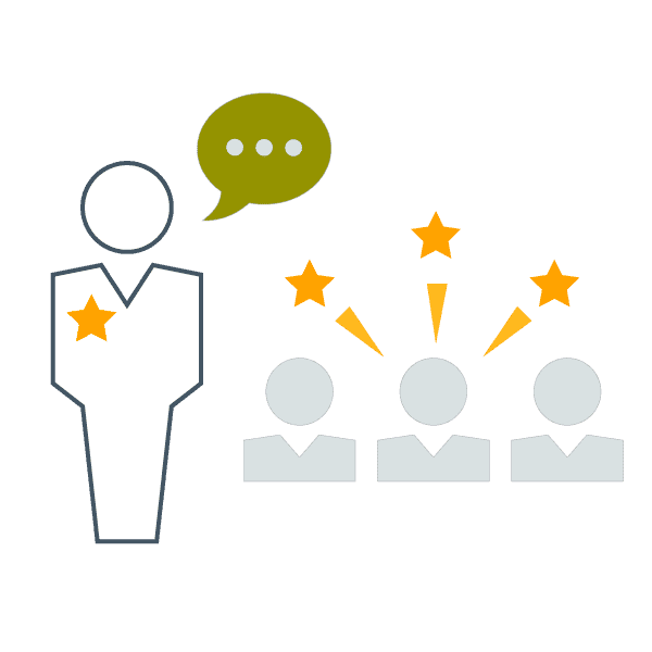 illustration of a person icon with a star badge on his chest, conversation bubble coming from his, with three other person illustrations with stars coming from their heads to show that they've been effective at helping their company make its transformation?auto=format&q=75