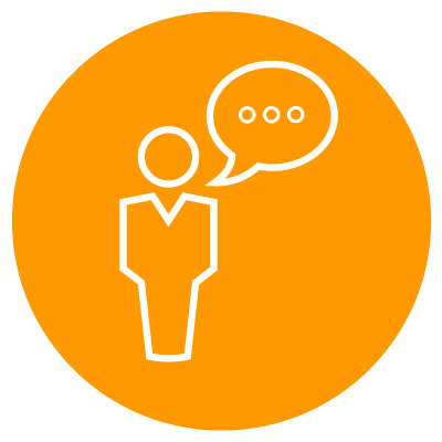 person icon in the center with a conversation bubble coming out of their mouth to show number four of the ways to motivate employees is to improve your communication skills as a leader 