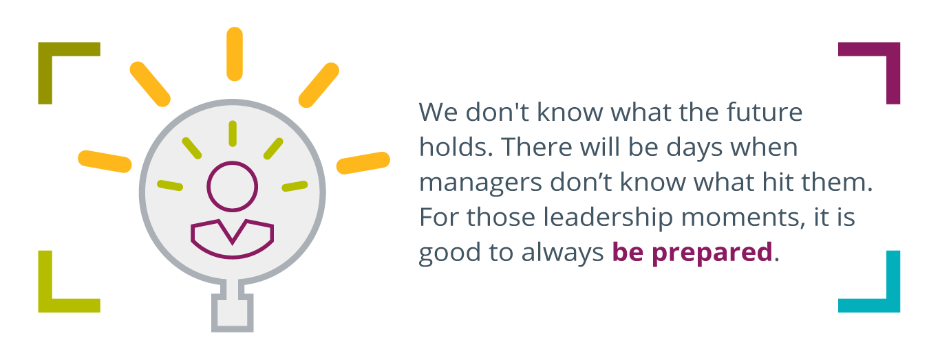 magnifying glass with a person icon in the center, surrounded by sunbursts, written to the right: We don't know what the future holds. There will be days when managers don’t know what hit them. For those moments of leadership, it is good to always be prepared.