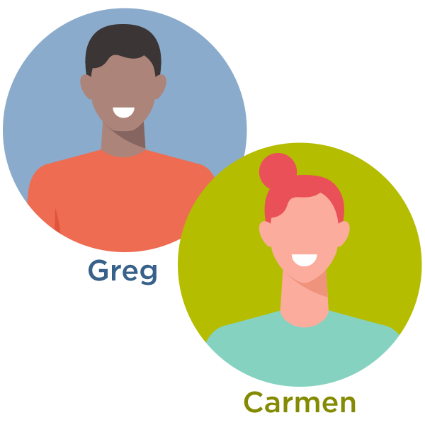 animated images of a diverse man that says the name Greg underneath, and a woman that says Carmen underneath