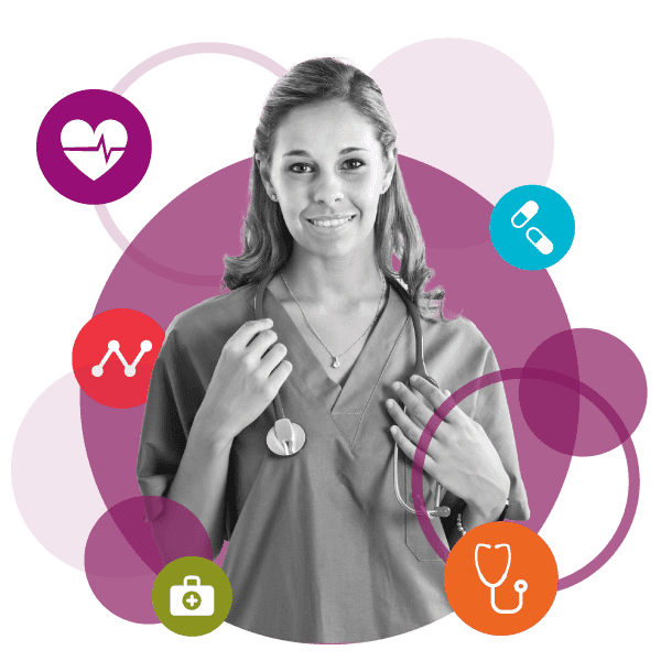 image of a smiling nurse leader and surrounded by several medical icons ?auto=format&q=75