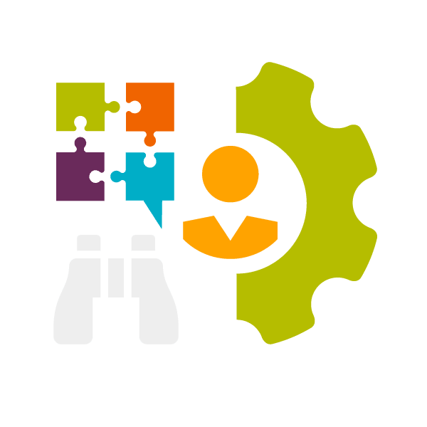 illustration of four puzzle pieces that fit together and a pair of binoculars with a person icon inside a gear to show that DDI's leadership potential assessment will help you find and engage future leaders?auto=format&q=75