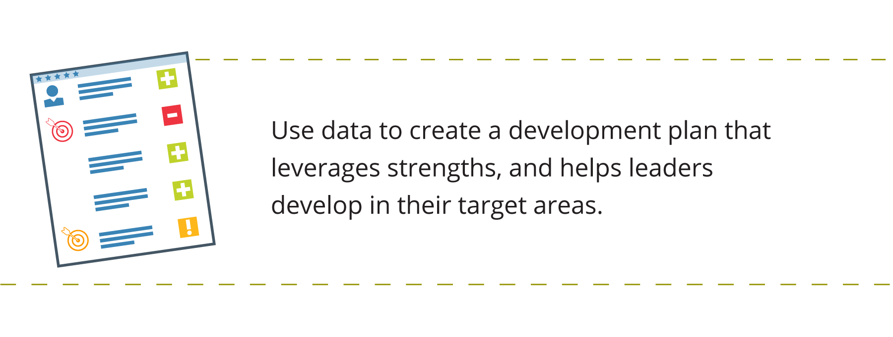 Graphic of a paper with pluses and minuses, showing how to use 360-degree feedback results. Accompanied by text that says