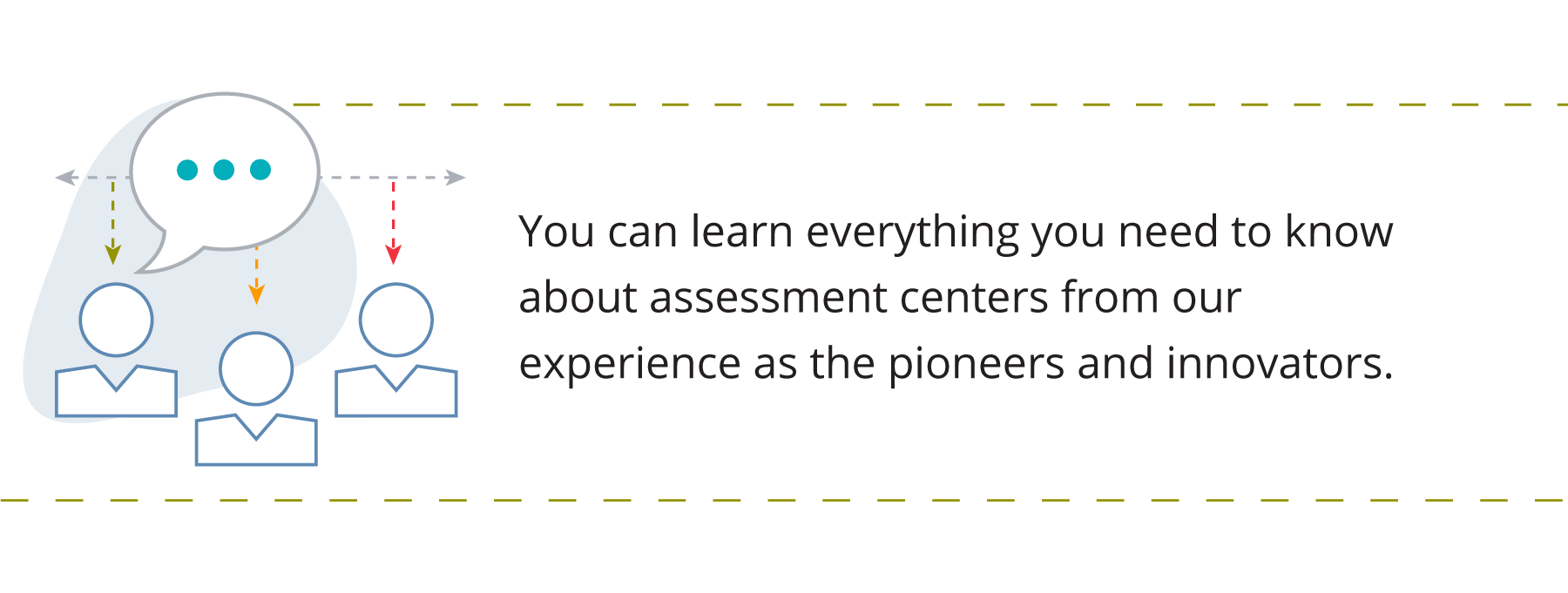 Graphic showing three people, demonstrating experience in an assessment center. Accompanied by text that says