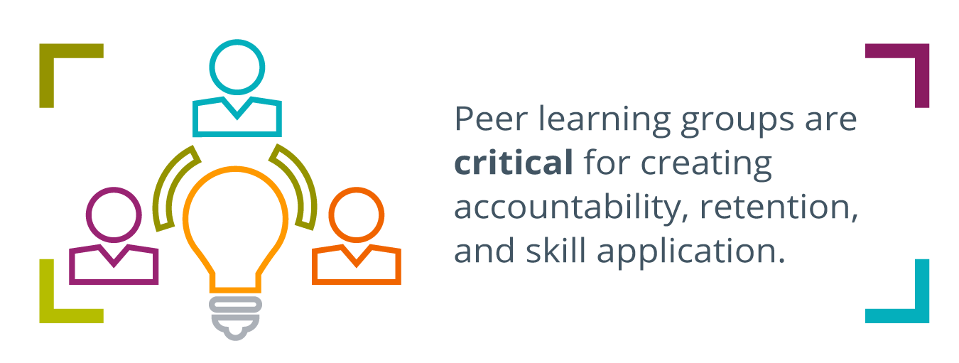 lightbulb surrounded by three people icons, written to the right: Peer learning groups are critical for creating accountability, retention, and skill application.