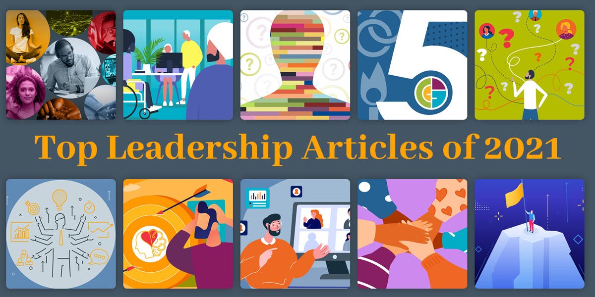 image that says top leadership articles of 2021, surrounded by 10 small images representing each one of the top-10 leadership articles of 2021 we outline in this blog