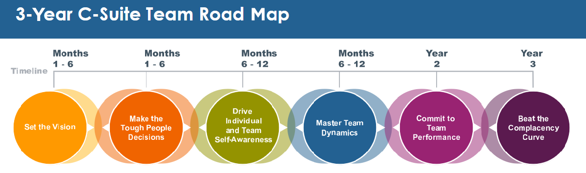 Plan for a 3-year C-suite team development roadmap. From left to right are colored circles showing the various stages of executive team development: 1) set the vision, 2) make the tough people decisions, 3) drive individual and team self-awareness, 4) master team dynamics, 5) commit to team performance, and 6) beat the complacency curve