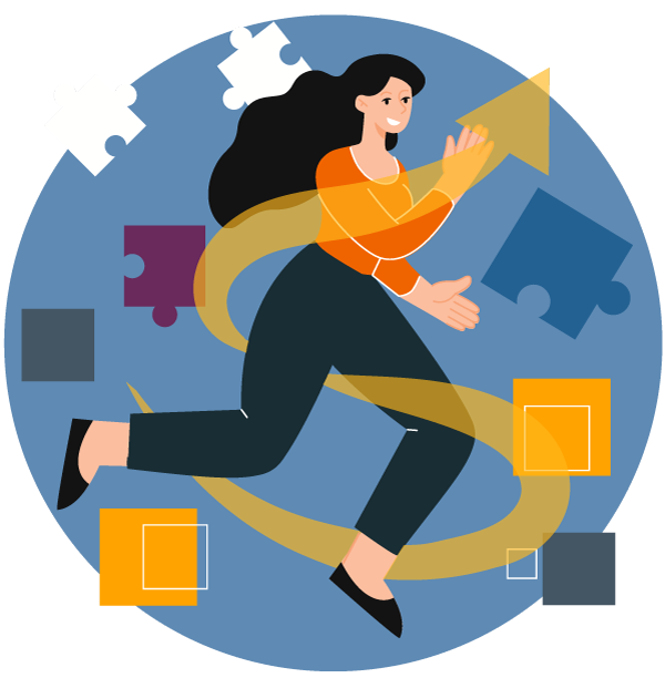 illustration of a woman business professional wrapped in an arrow pointing up, surrounded by puzzle pieces, to show that motivational fit is an important piece of the puzzle to consider when hiring the best person for the job