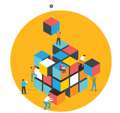 illustration of several people moving giant blocks to a build a tower together to show this section answers: who is responsible for building a culture of trust?