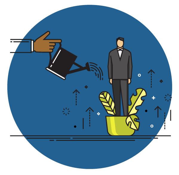 illustration of a man business leader standing in a potted plant being watered by a watering can to show one of the mistakes boards make with c-suite leadership development is "backroom skill building" 