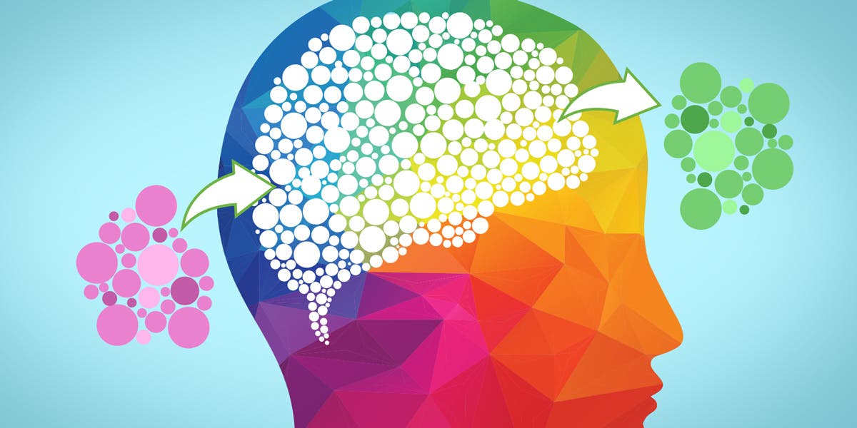 illustration of a shadow of a head with colorful shapes in the background and an outline of white where the brain is with bubbles of color going in and out of the brain to show that success in the C-suite means picking up a new set of executive leadership skills