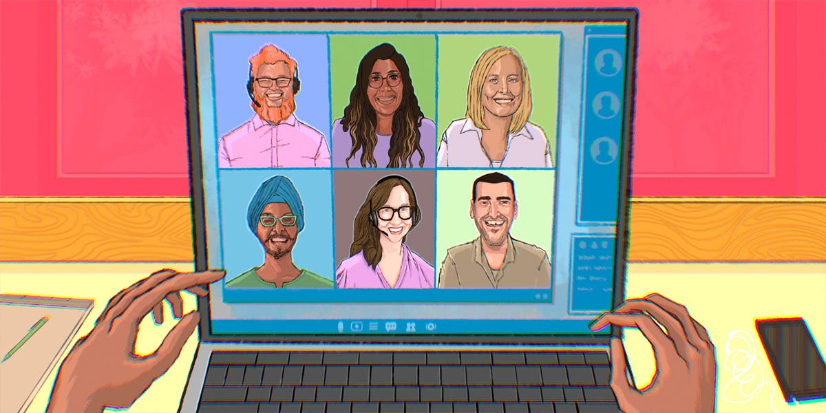 illustration of a laptop with a video meeting on the screen with six diverse individuals in the meeting, with hands shown on each side of the laptop keyboard to show this blog is giving leaders several strategies for embracing diversity in the workplace and being an inclusive leader