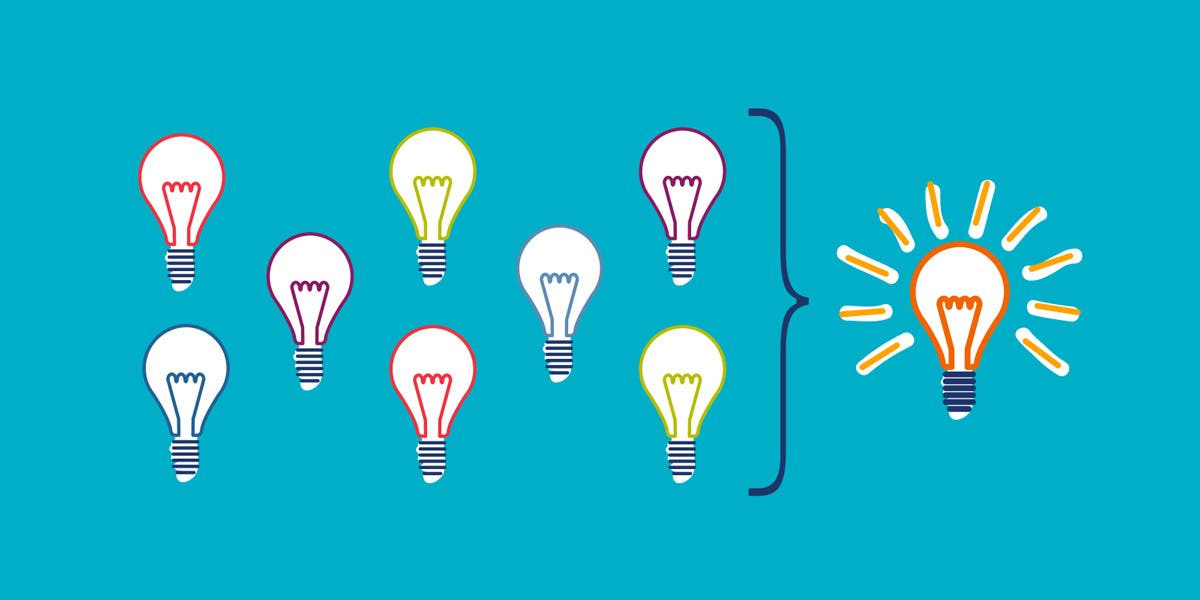 illustration of several lightbulbs shown to the left, some red, purple, green, and blue, with a bigger lightbulb to the right that's orange, a metaphor for inclusive leadership training, the topic of this blog post