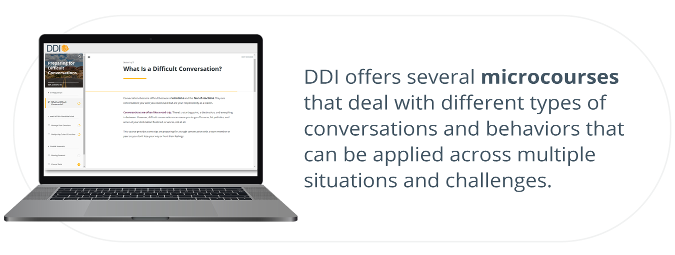 laptop open with DDI's microcourse for how to prepare for challenging conversations up on the screen, written to the right: DDI offers several microcourses that deal with different types of conversations and behaviors that can be applied across multiple situations and challenges.