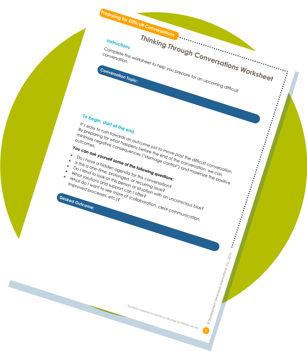 An example "Thinking Through Conversations" worksheet from DDI's course on Preparing for Difficult Conversations