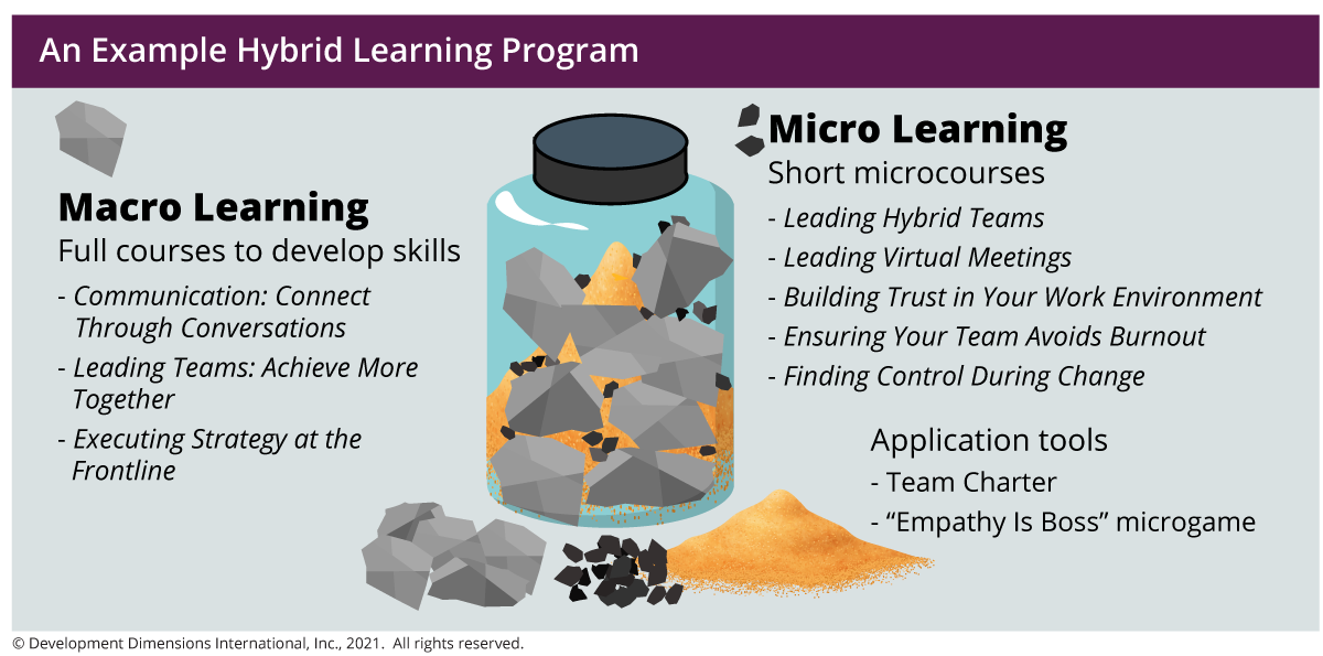 An example Hybrid Learning Program with Macro Learning (full courses to develop skills) such as Communication: Connect Through Conversations, listed to the left, and to the right Micro Learning (short microcourses), such as Leading Hybrid Teams, listed out