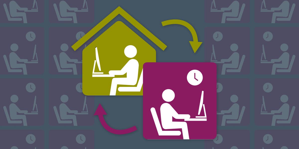 illustration of a person icon sitting on a laptop inside their home, and below it a person icon sitting in what looks to be an office with a clock on the wall to show this blog is about changes in the workplace today and how leaders can best lead through these changes