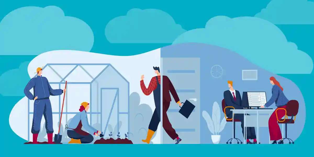 Illustration of people switching between working as farmers and in the office to show the profile of a collaborative entrepreneur who works in an agricultural cooperative
