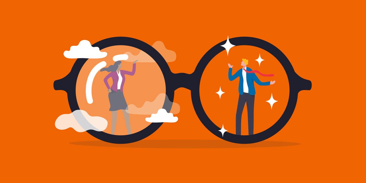 illustration of a large pair of glasses, with one lens including a woman business professional surrounded by clouds, and the other lens including a male business professional in total clarity- a metaphor to show this blog is about implicit bias in the hiring process 