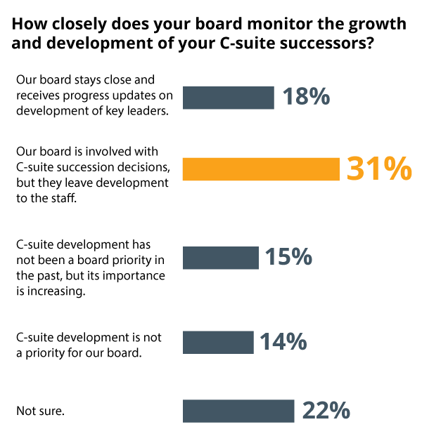 Graphic with data to show the percentages of companies who answered the question, "How closely does your board monitor the growth and development of your C-suite successors?" in various ways, i.e, 31% said their boards were involved with c-suite succession decisions but leave development to the staff