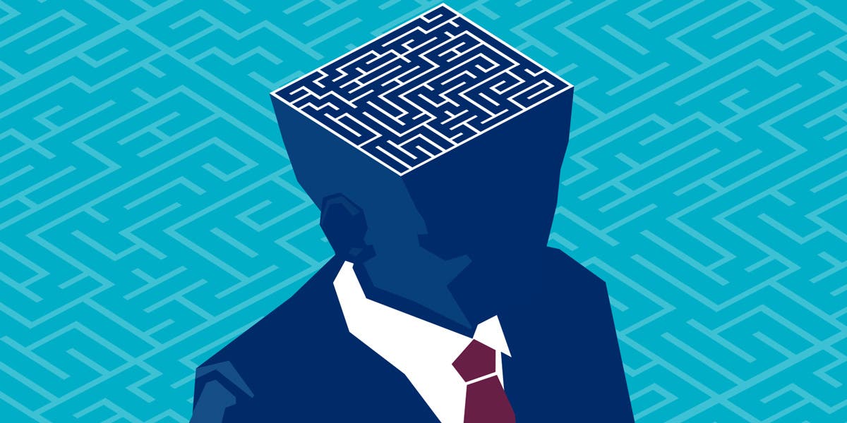 illustration of an executive leader in a suit, with a view peering into his brain that looks like a maze to show that this blog is about the psychology of executive coaching