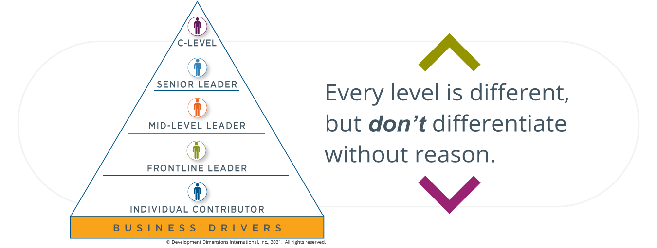 pyramid with business drivers written on the bottom layer, individual contributor written on the next, frontline leader next, mid-level leader next, senior leader next, and c-level written on the top of the pyramid, and to the right written out: Every level is different, but don’t differentiate without reason.