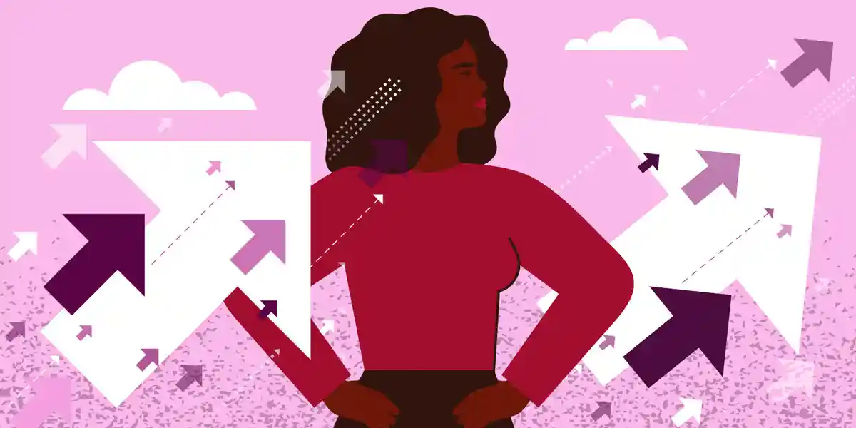 illustration of a diverse woman leader who is a candidate in the young executives competition with her hands on her hips and arrows in the background pointing upward to show she is growing in her career