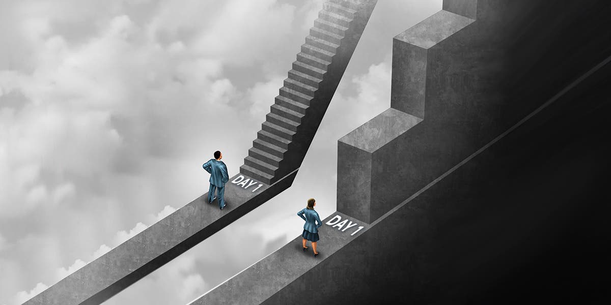 illustration of a male leader standing in front of a starting line that says, "Day 1," with a set of stairs that look easier to climb, compared to the woman leader, also standing in front of a starting line that says "Day 1" but her stairs look much harder to climb to show this blog is about the gender bias in leadership 