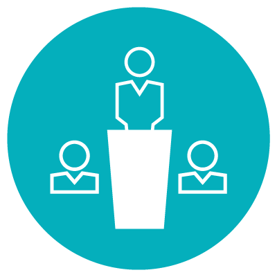 person icon in the center behind a pedestal, with a single person icon to the left and to the right, to show number three of the ways to motivate employees is to be an ambassador for your team's purpose