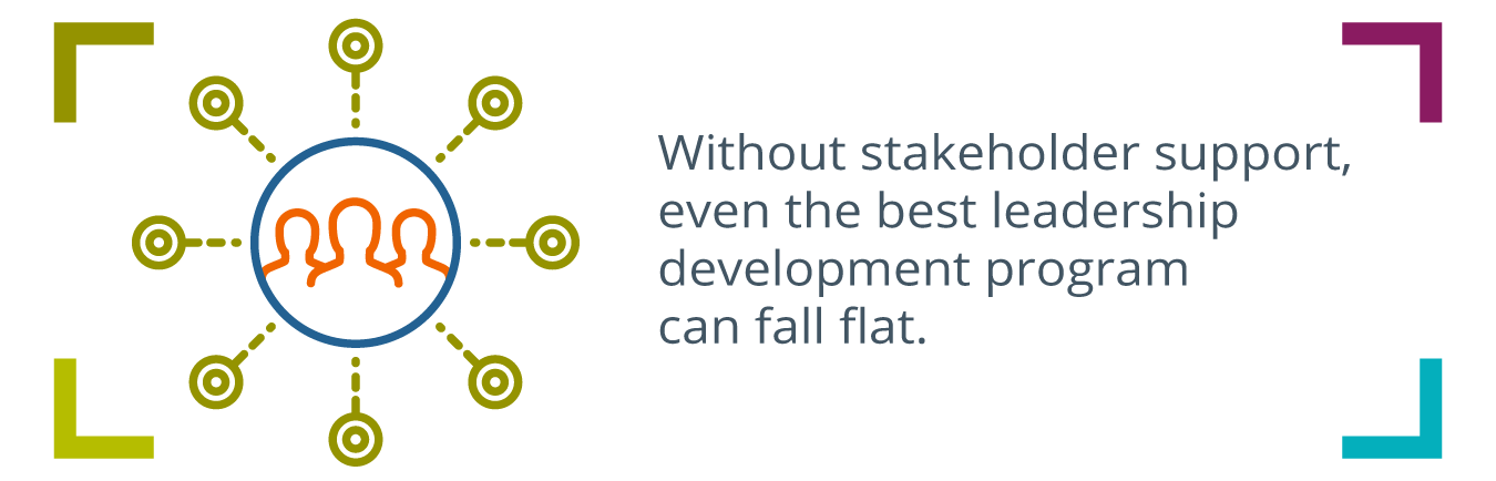 sunburst with three people icons in the middle, one person icon out front of the other two, written to the right: Without stakeholder engagement and support, even the best leadership development program can fall flat.