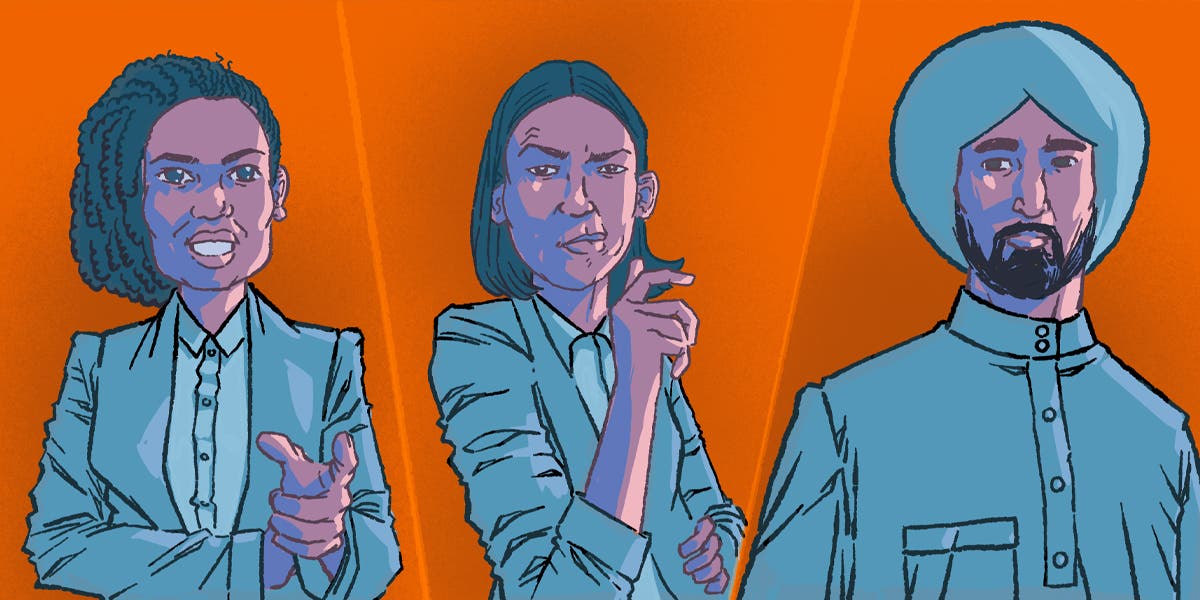 illustration of the three types of stakeholders in executive coaching, the first is a woman pointing her finger out to show she's the believer type of stakeholder, the second is a woman looking forward skeptically to show she's the skeptic type of stakeholder, and the third is a man looking detached, to show he is the avoidant type of stakeholder 